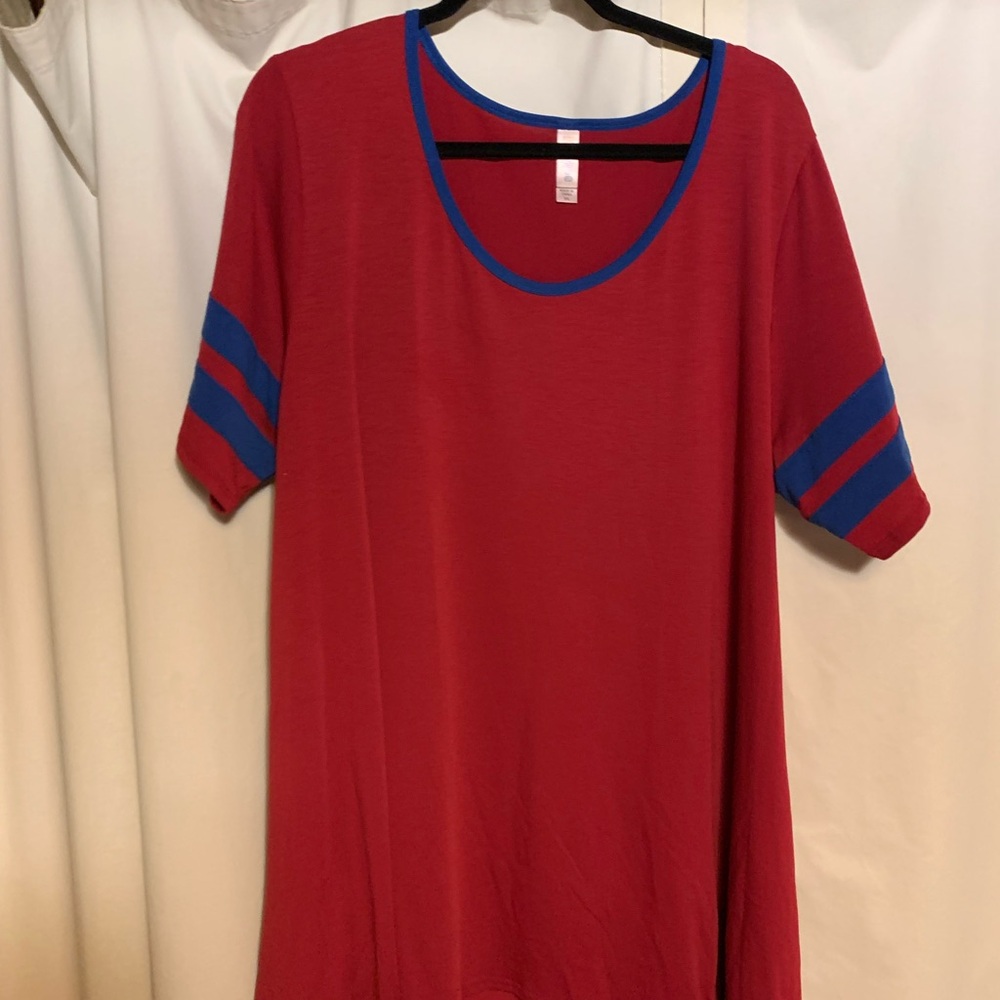LuLaRoe Red Tee with Blue Trim